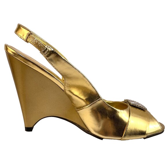 Db Dk Fashion Pump Women's Szes 6.5 4" Heel Slingback Peep Toe Gold Rhinestones - Picture 6 of 11